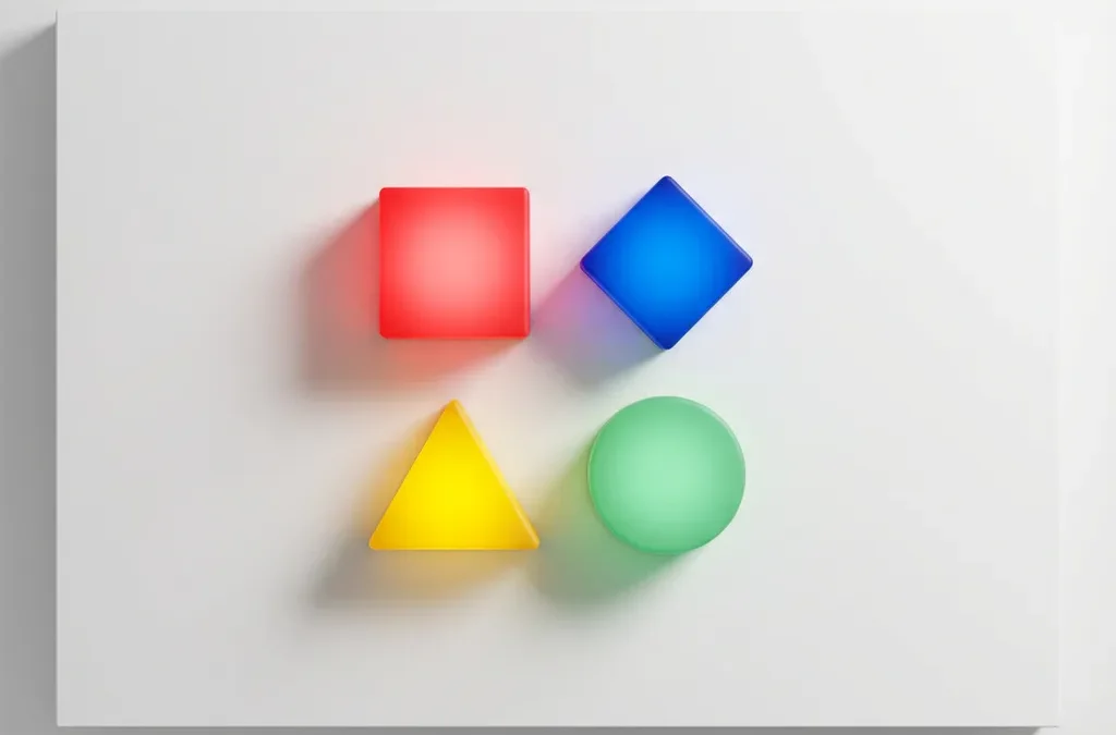 Vier geometrische vormen in DISC-kleuren - rode vierkant, gele driehoek, groene cirkel en blauwe diamant - gerangschikt in perfecte cirkel