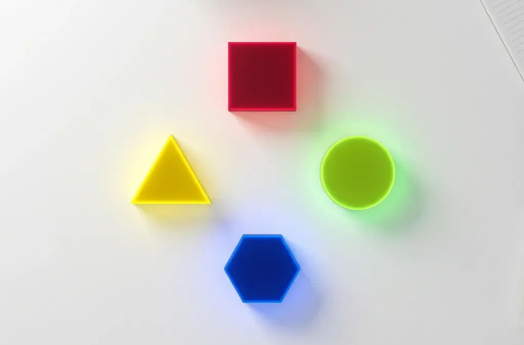 Vier geometrische vormen in rood, geel, groen en blauw gerangschikt in diamantvormatie op witte ondergrond