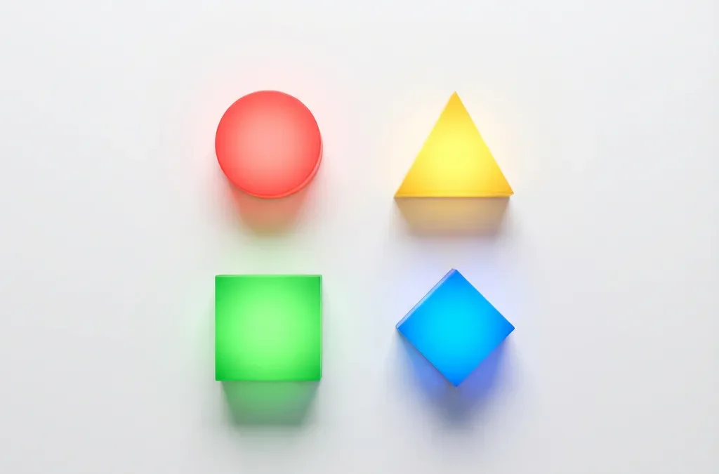 Vier geometrische vormen in DISC-kleuren: rode cirkel, gele driehoek, groene vierkant en blauwe diamant op witte achtergrond