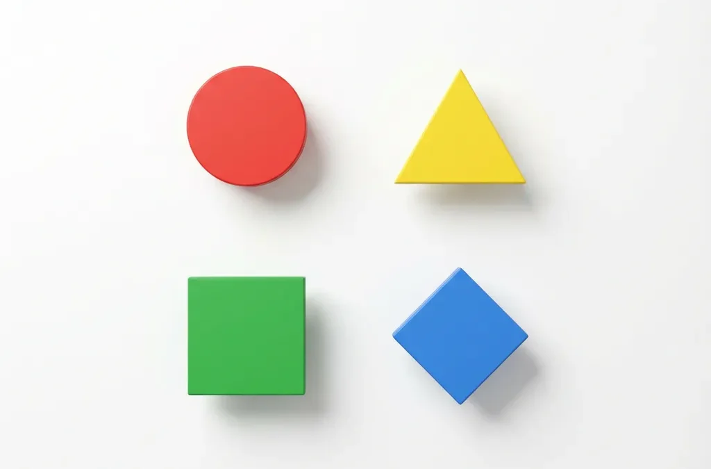 Vier geometrische vormen in rood, geel, groen en blauw gerangschikt in een grid patroon op witte achtergrond