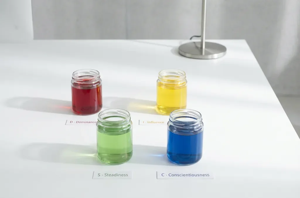 Vier glazen containers met rode, gele, groene en blauwe vloeistof symmetrisch gerangschikt op wit bureau, DISC-kleuren in minimalistische kantooromgeving