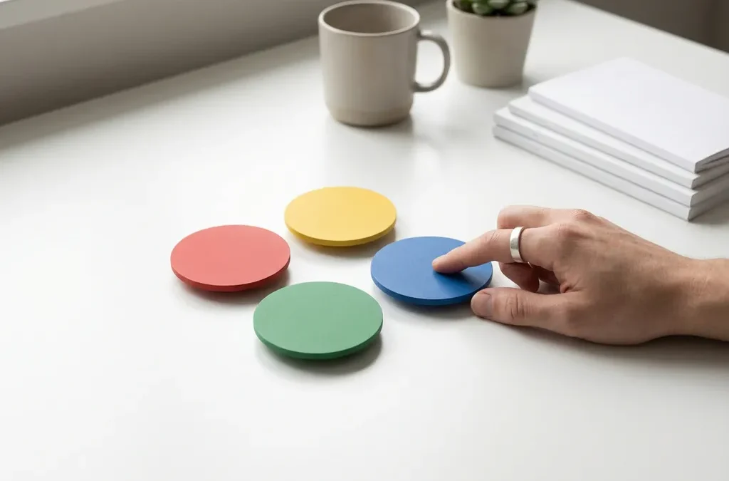 Hand selecteert blauwe cirkel uit vier gekleurde DISC-cirkels in rood, geel, groen en blauw op witte ondergrond