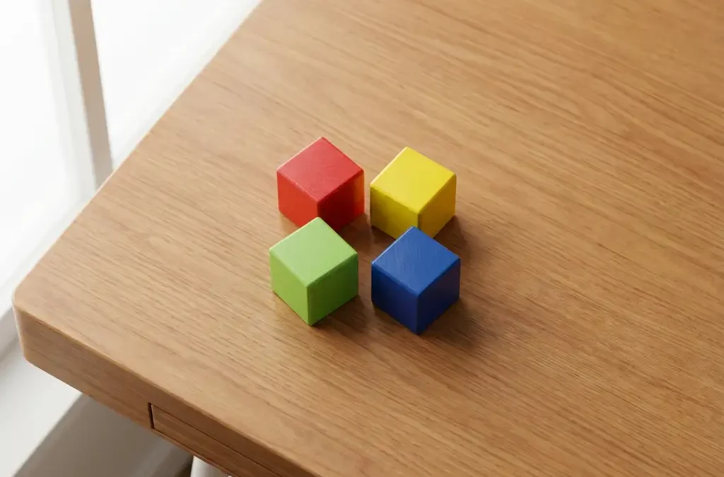 Vier geometrische blokken in DISC-kleuren rood, geel, groen en blauw gerangschikt op houten bureau, bovenaanzicht