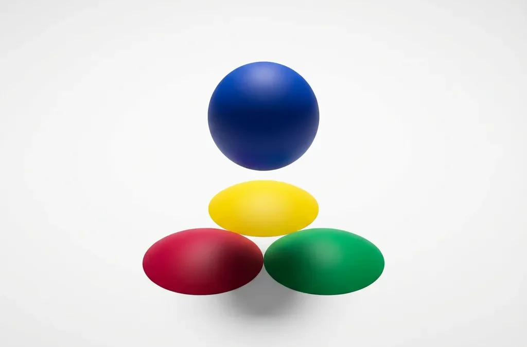 Blauwe cirkel zwevend boven drie cirkels in rood, geel en groen op witte achtergrond in minimalistische compositie