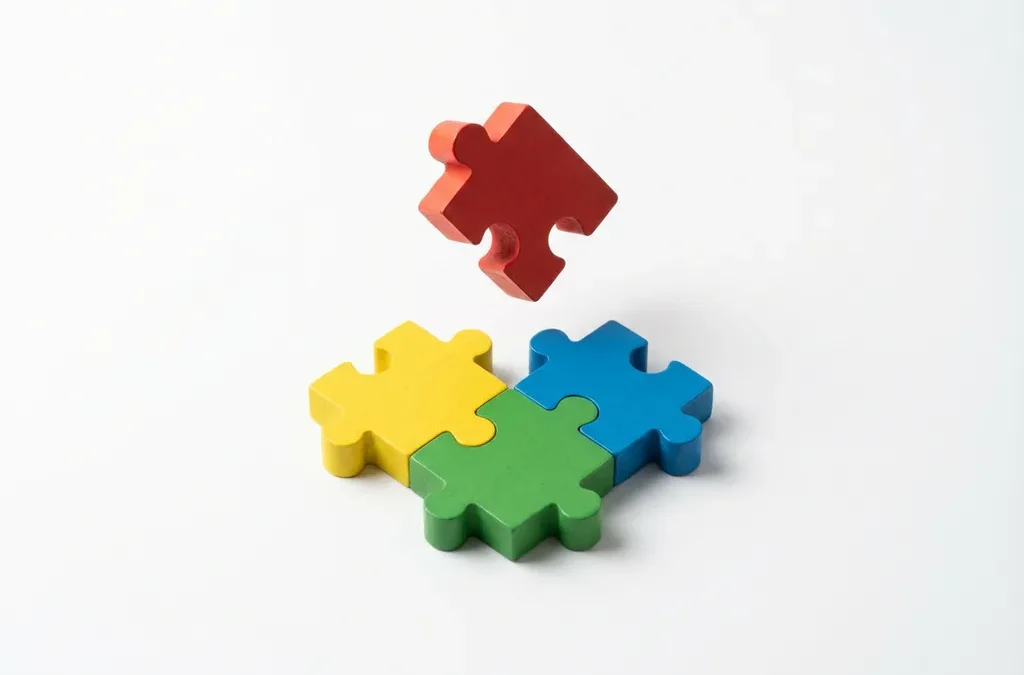 Houten puzzelstuk zweeft boven drie in elkaar grijpende stukken in DISC-kleuren rood, geel, groen en blauw op witte ondergrond