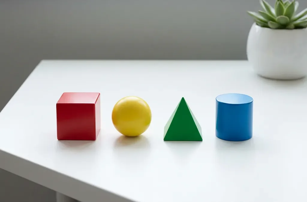 Vier geometrische objecten op wit bureau: rode kubus, gele bol, groene piramide en blauwe cilinder in perfecte uitlijning