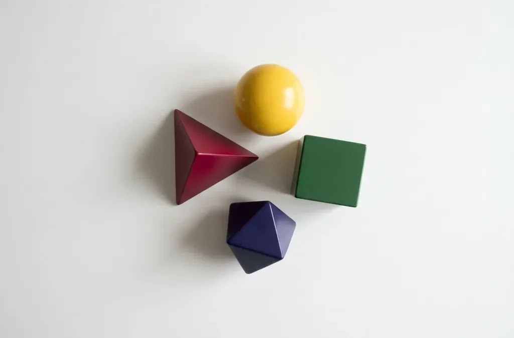 Vier kleurrijke geometrische vormen in rood, geel, groen en blauw gerangschikt in spiraalvorm op witte achtergrond, DISC persoonlijkheidstypes