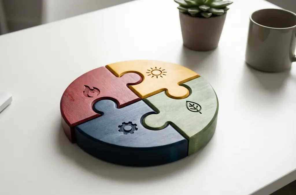 Vier houten puzzelstukken in rood, geel, groen en blauw vormen een cirkel op witte ondergrond, elk stuk vertegenwoordigt een persoonlijkheidstype