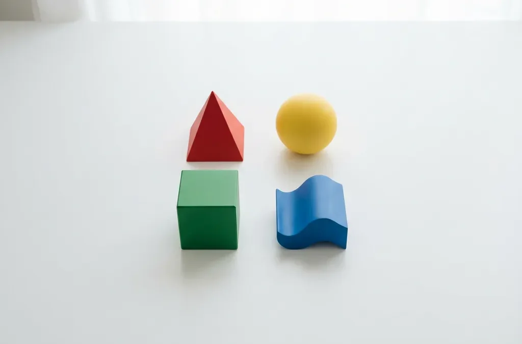 Vier geometrische vormen in vierkante opstelling: rode driehoek, gele cirkel, groene vierkant en blauwe golfvorm op witte ondergrond