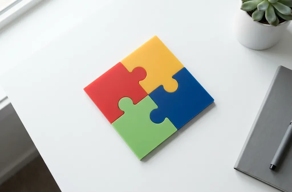 Vier in elkaar grijpende puzzelstukken in DISC-kleuren rood, geel, groen en blauw op witte ondergrond, persoonlijkheidstypes in recruitment