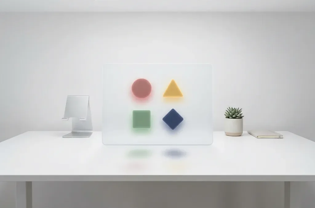 Evaluatiedashboard met vier geometrische vormen - rode cirkel, gele driehoek, groene vierkant en blauwe diamant - symmetrisch gerangschikt op wit oppervlak