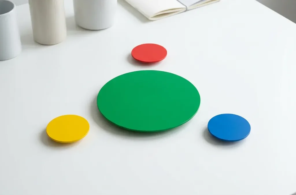 Grote groene cirkel omringd door kleinere rode, gele en blauwe cirkels op witte ondergrond in minimalistische compositie