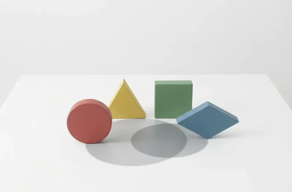 Vier geometrische vormen - rode cirkel, gele driehoek, groene vierkant en blauwe ruit - op witte ondergrond met zachte schaduwen