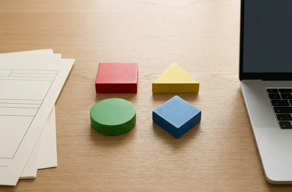 Vier kleurrijke geometrische vormen - rood vierkant, gele driehoek, groene cirkel en blauwe ruit - netjes uitgelijnd op houten bureau met HR-documenten en laptop.