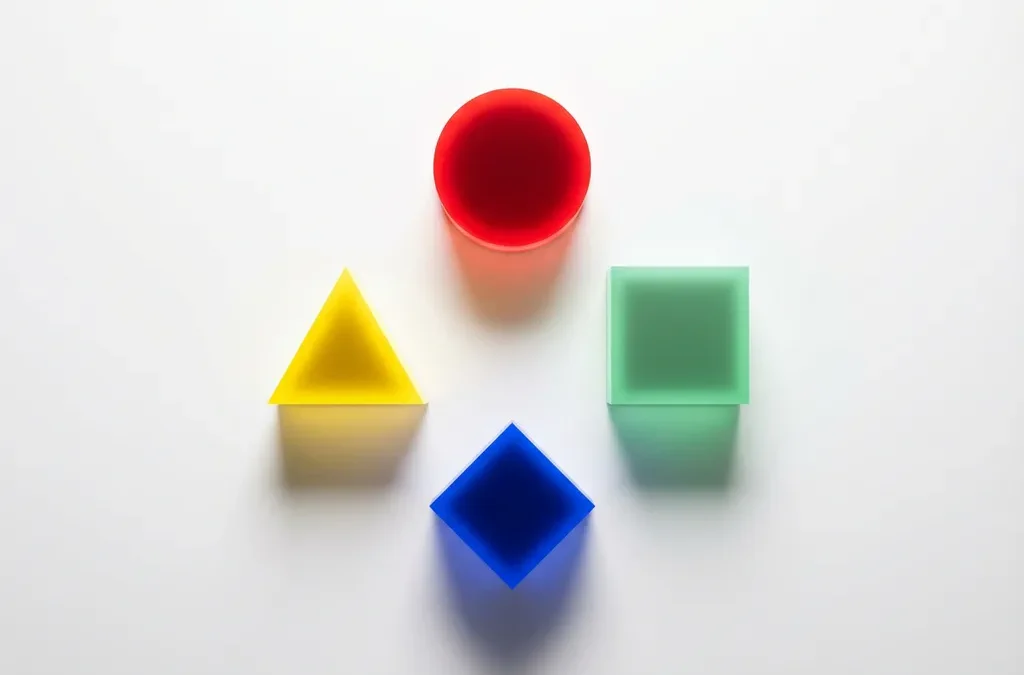 Vier geometrische vormen in rood, geel, groen en blauw gerangschikt op witte achtergrond met subtiele schaduwen