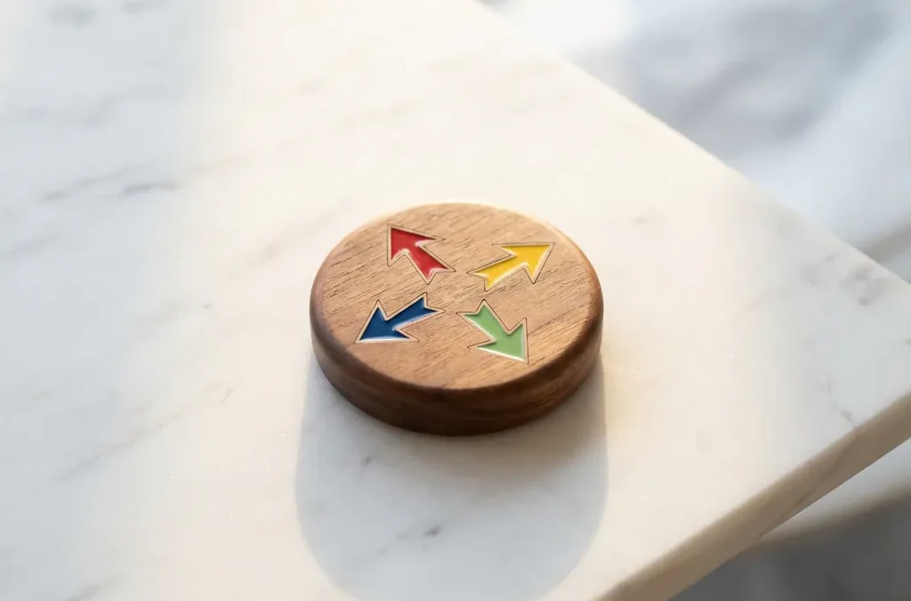 Houten kompas met rode, gele, groene en blauwe richtingspijlen op wit marmeren oppervlak