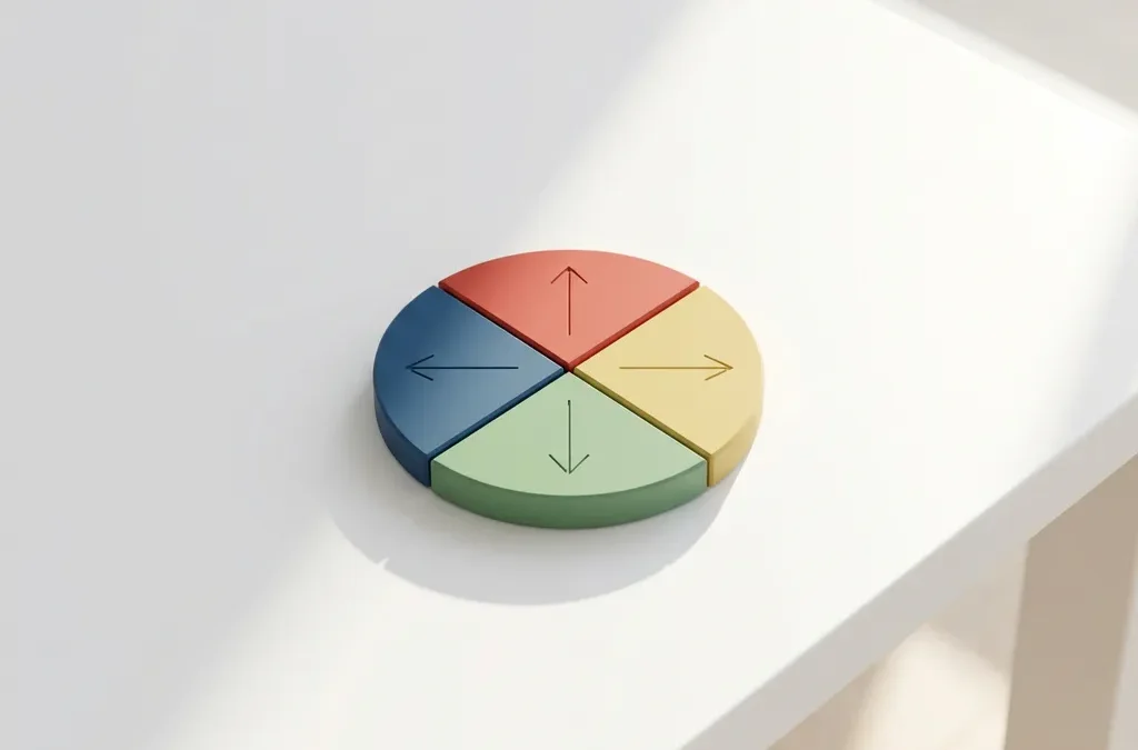 Geometrisch kompas met vier gekleurde secties in rood, geel, groen en blauw op witte ondergrond met zachte schaduw