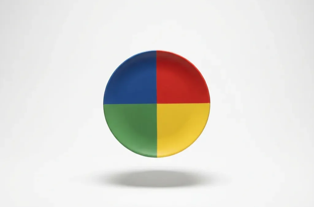 Witte cirkel verdeeld in vier gelijke segmenten in rood, geel, groen en blauw, zwevend boven wit oppervlak met zachte schaduw