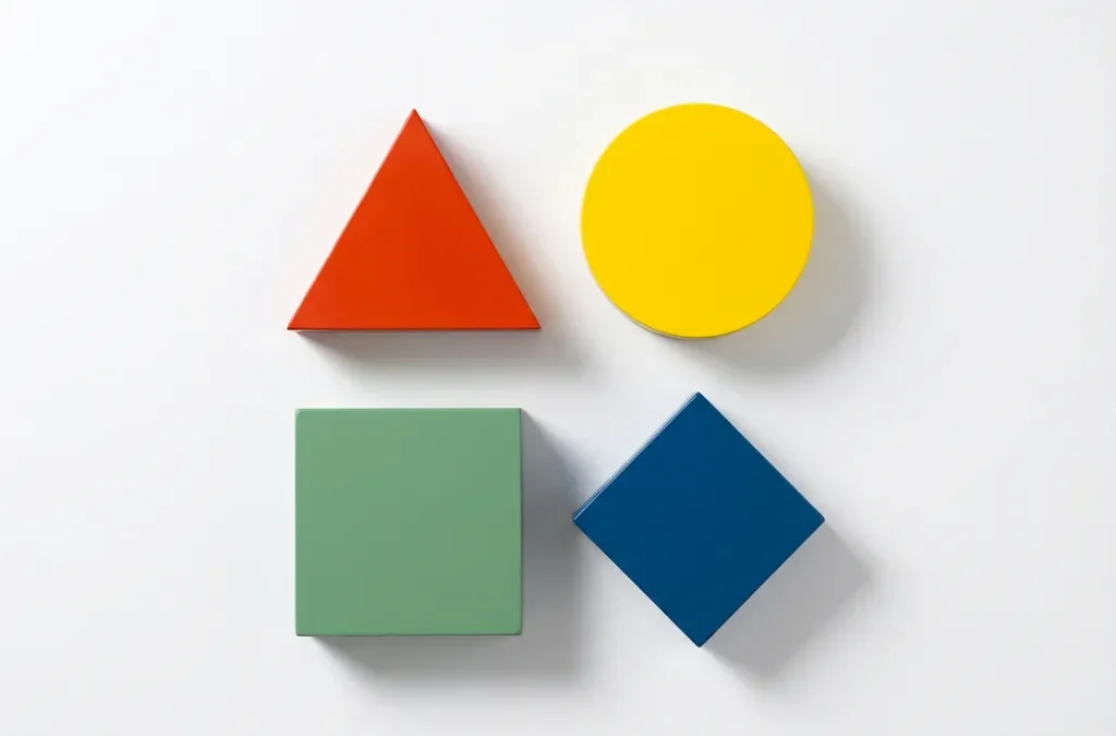 Vier geometrische vormen in rood, geel, groen en blauw gerangschikt in vierkante formatie op witte achtergrond