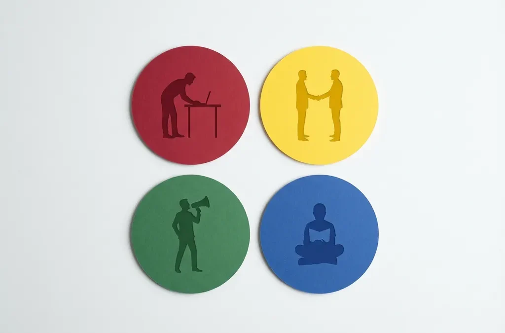 Vier gekleurde cirkels met menselijke silhouetten in verschillende werkplekgedragingen, gerangschikt in vierkante formatie op witte achtergrond