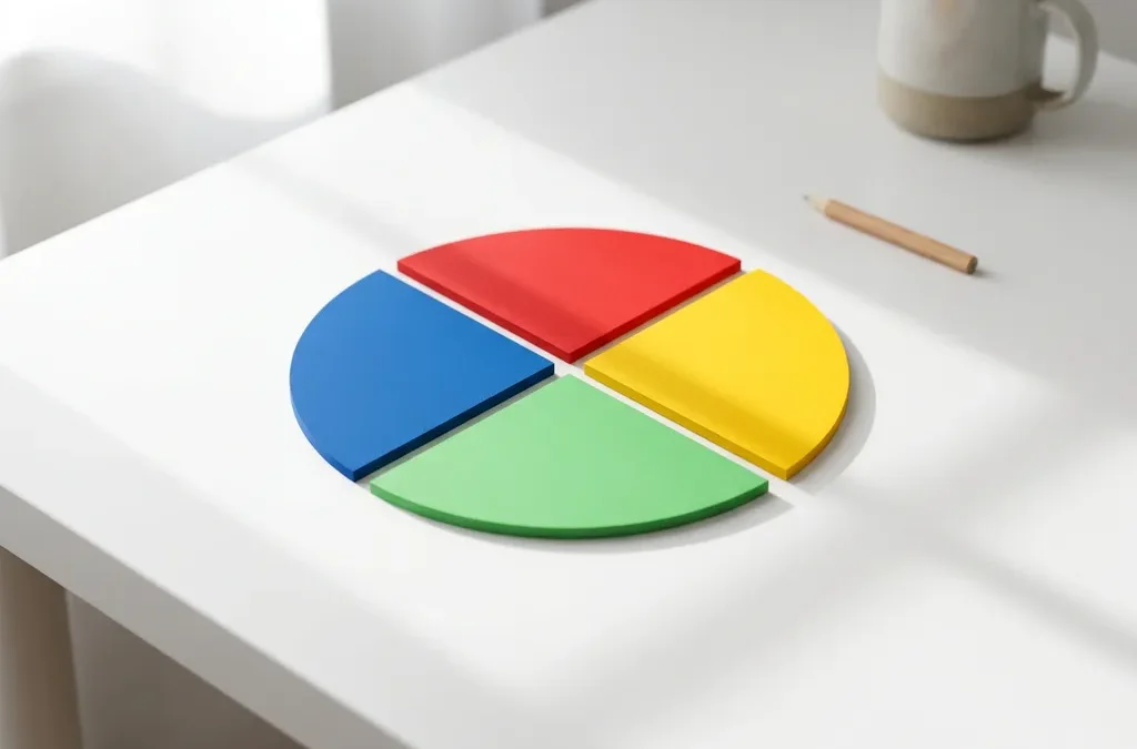 Cirkeldiagram met vier gekleurde segmenten in rood, geel, groen en blauw op witte ondergrond met zachte schaduwen
