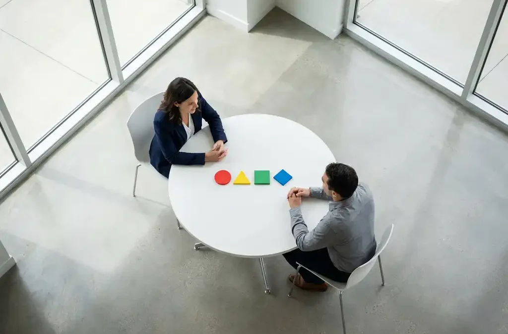 Coach en cliënt aan witte tafel met vier gekleurde geometrische vormen tijdens gesprek in moderne kantoorruimte