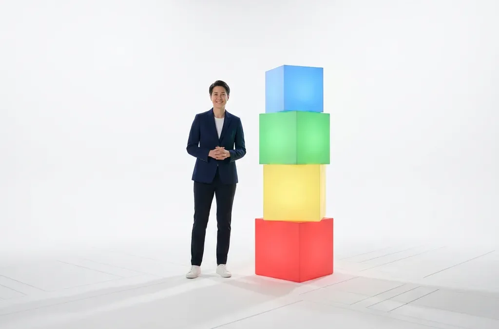 Coach staat naast kleurrijke stapel van vier geometrische blokken in rood, geel, groen en blauw op witte achtergrond