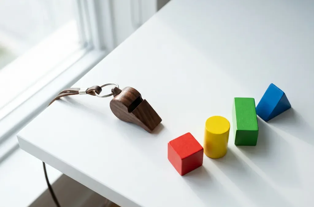 Houten coachfluitje naast vier gekleurde geometrische blokken in rood, geel, groen en blauw op wit bureau