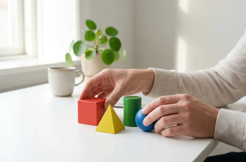 Professionele coach rangschikt vier gekleurde geometrische blokken in rood, geel, groen en blauw op wit oppervlak
