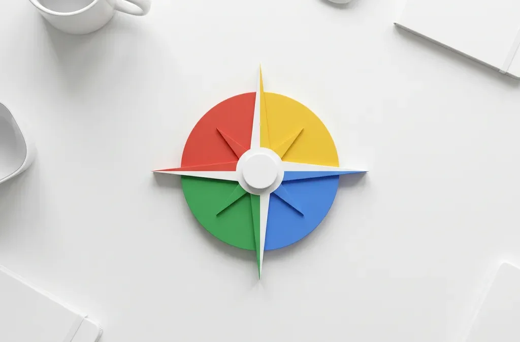 Kleurrijke coaching kompas met rode, gele, groene en blauwe secties op witte ondergrond met geometrische schaduwen