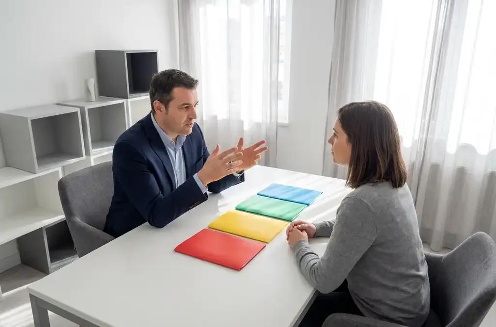 Coach en cliënt aan wit bureau met vier gekleurde mappen (rood, geel, groen, blauw) in helder kantoor met natuurlijk licht