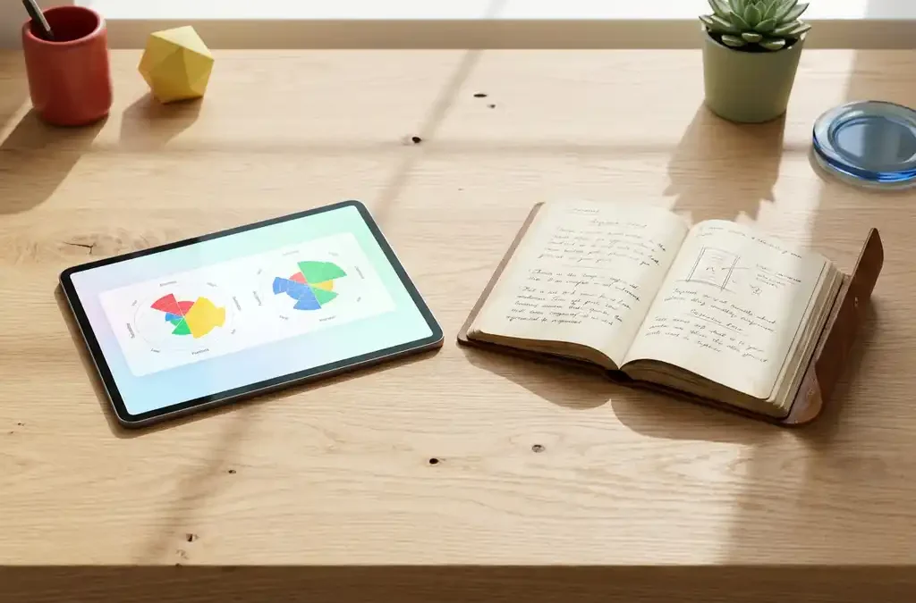Houten bureau met digitale tablet met persoonlijkheidsgrafiekjes naast leren dagboek met handgeschreven notities