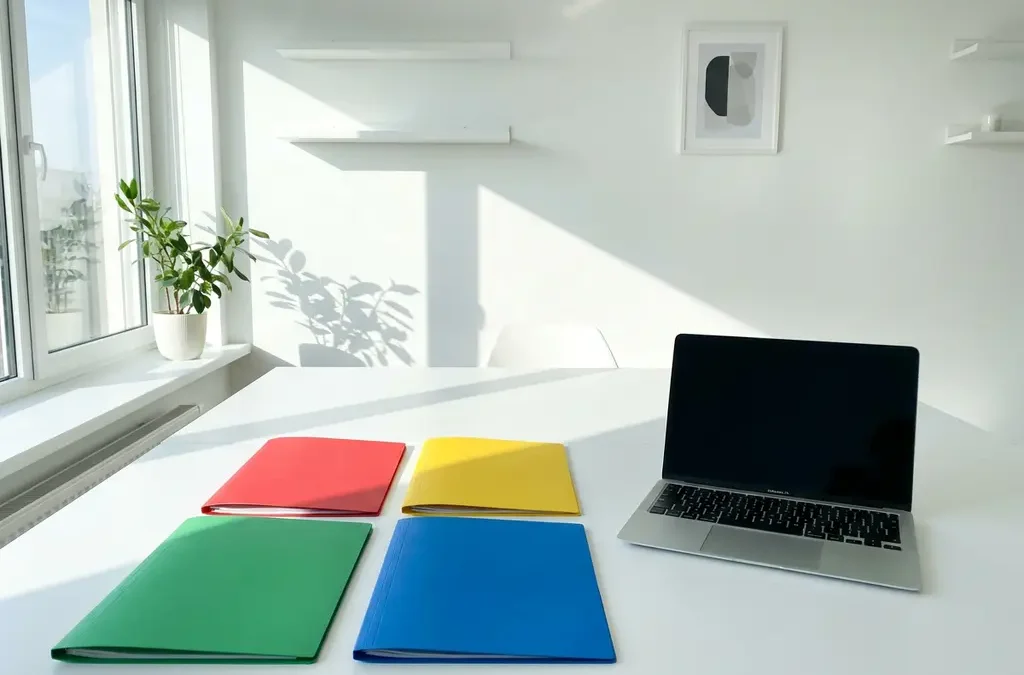 Vier kleurrijke mappen in rood, geel, groen en blauw gerangschikt op wit bureau naast geopende laptop in minimalistisch kantoor
