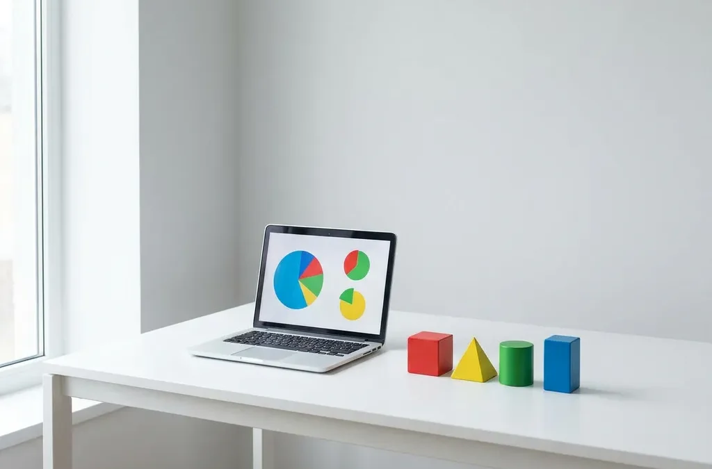 Modern bureau met laptop die kleurrijke cirkeldiagrammen toont, naast vier geometrische houten blokken in rood, geel, groen en blauw