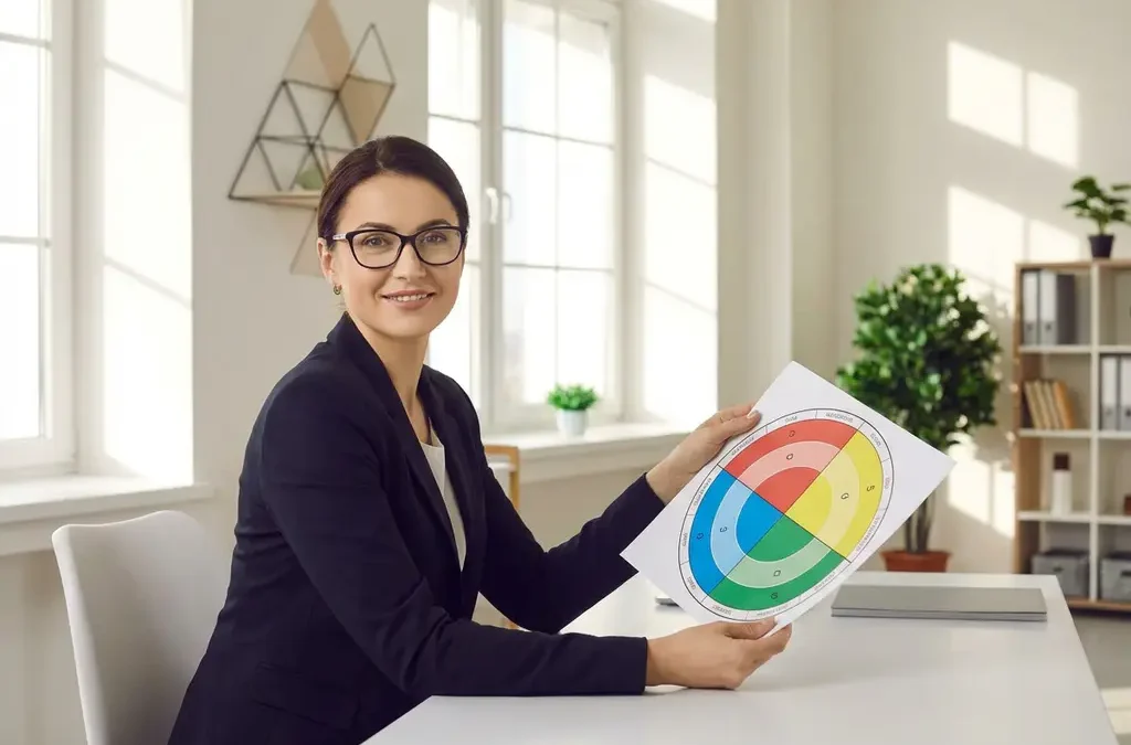 Professionele vrouw houdt kleurrijke DISC-assessmentschijf met rode, gele, groene en blauwe kwadranten aan moderne kantoorbureau