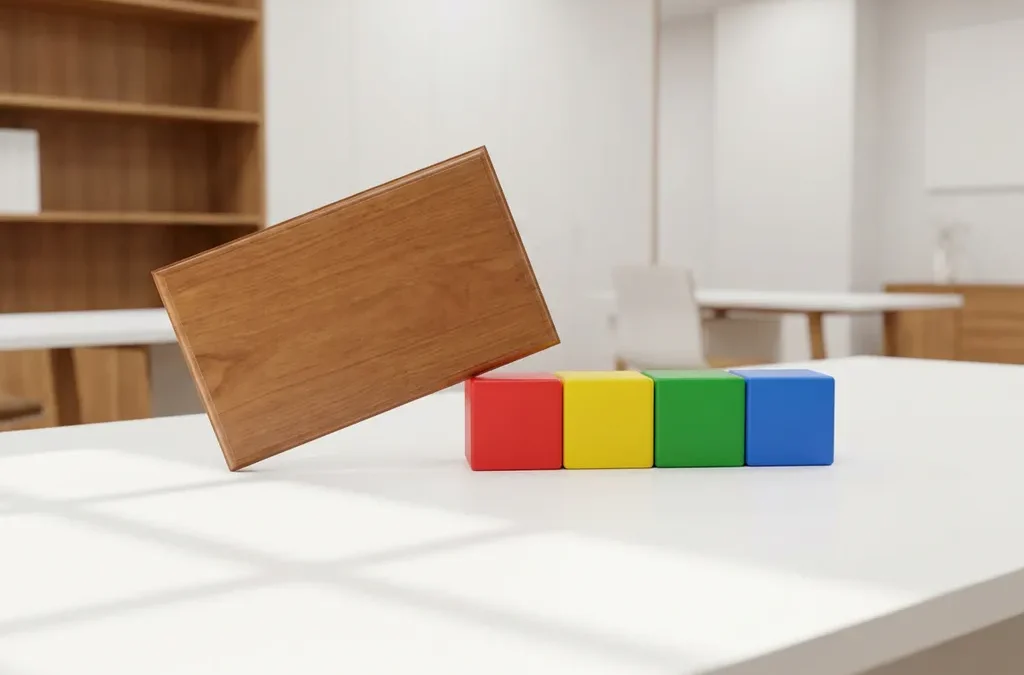 Houten certificaat diploma tegen vier gekleurde blokken in rood, geel, groen en blauw op wit bureau