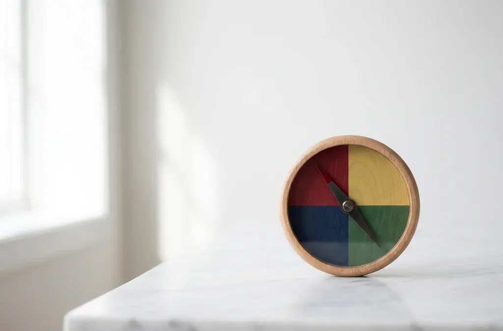 Houten coaching kompas met rode, gele, groene en blauwe kwadranten op wit marmeren oppervlak, naald wijst naar rood