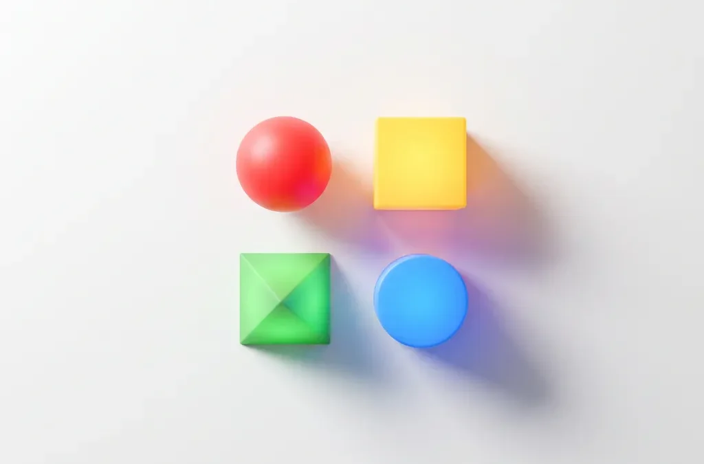 Vier geometrische vormen in DISC-kleuren rood, geel, groen en blauw gerangschikt in vierkant op witte achtergrond