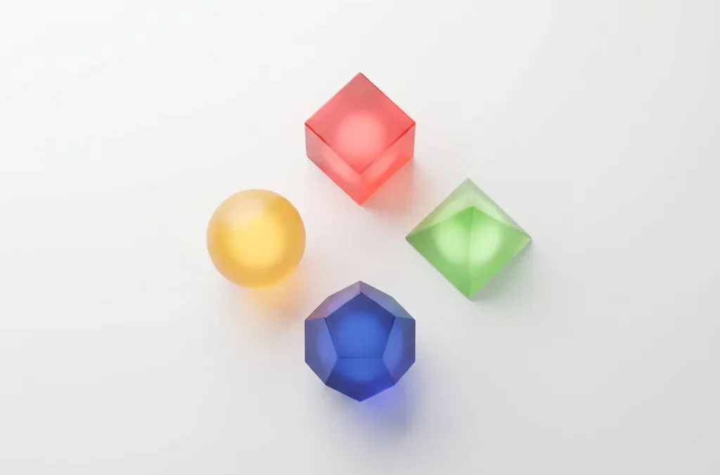 Vier glanzende geometrische vormen in DISC-kleuren rood, geel, groen en blauw symmetrisch gerangschikt op witte ondergrond