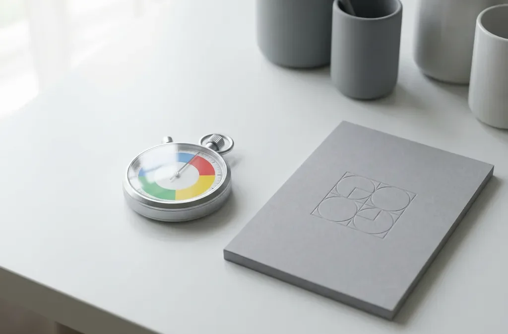 Stopwatch met rode, gele, groene en blauwe segmenten naast geometrisch notitieboek op wit bureau in minimalistische werkruimte