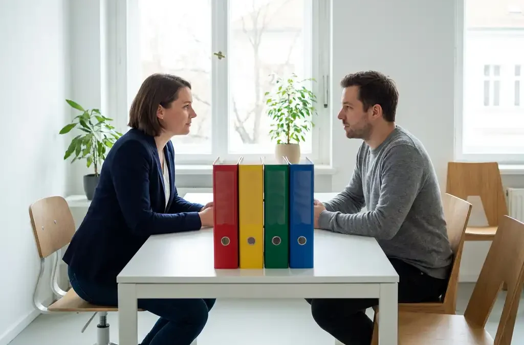 Professionele coach en cliënt aan wit bureau met vier gekleurde mappen (rood, geel, groen, blauw) voor DISC-persoonlijkheidstest