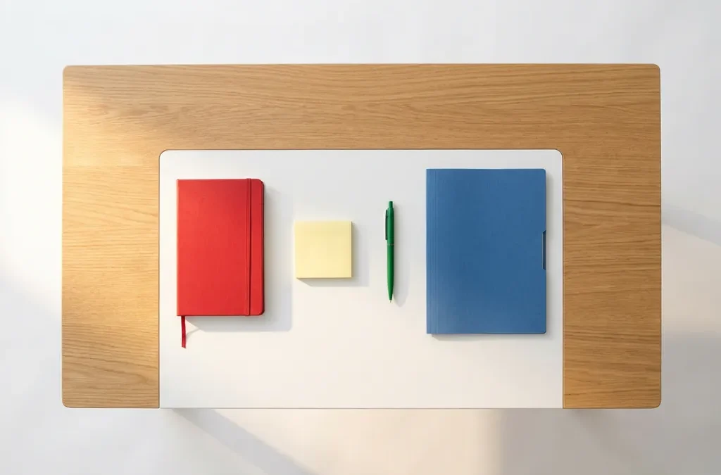 Houten bureau met vier DISC-beoordelingstools: rode notebook, gele notities, groene pen en blauwe map in geometrische opstelling