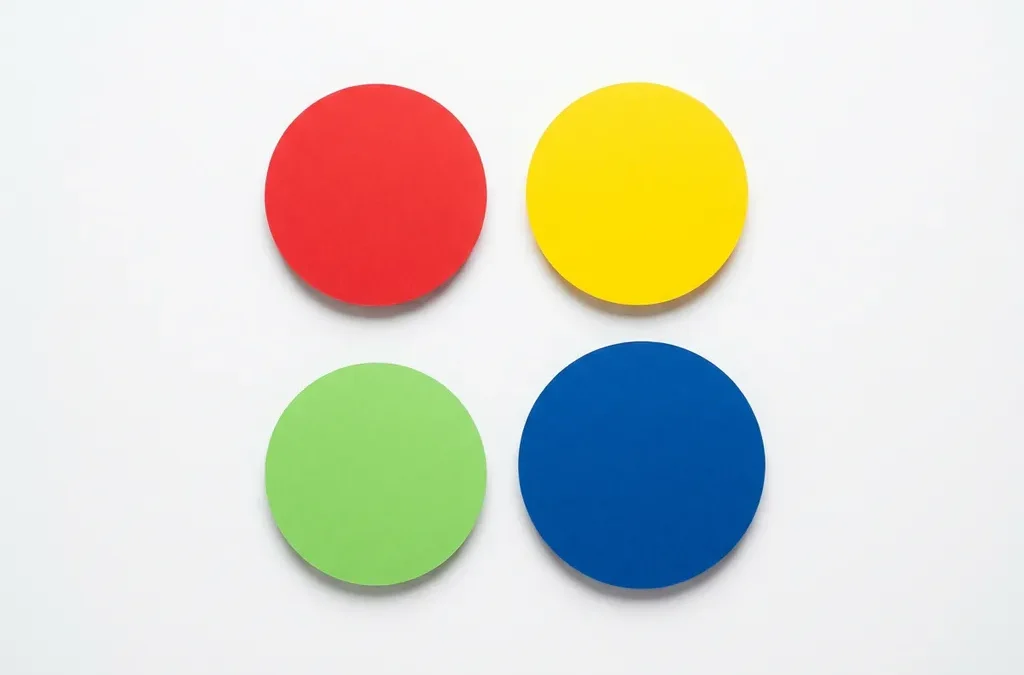 Vier geometrische cirkels in DISC-kleuren rood, geel, groen en blauw gerangschikt in rasterformatie op witte achtergrond
