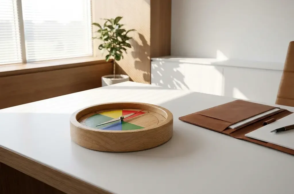 Houten kompas met rode, gele, groene en blauwe kwadranten op wit bureau naast leren portfolio in kantooromgeving