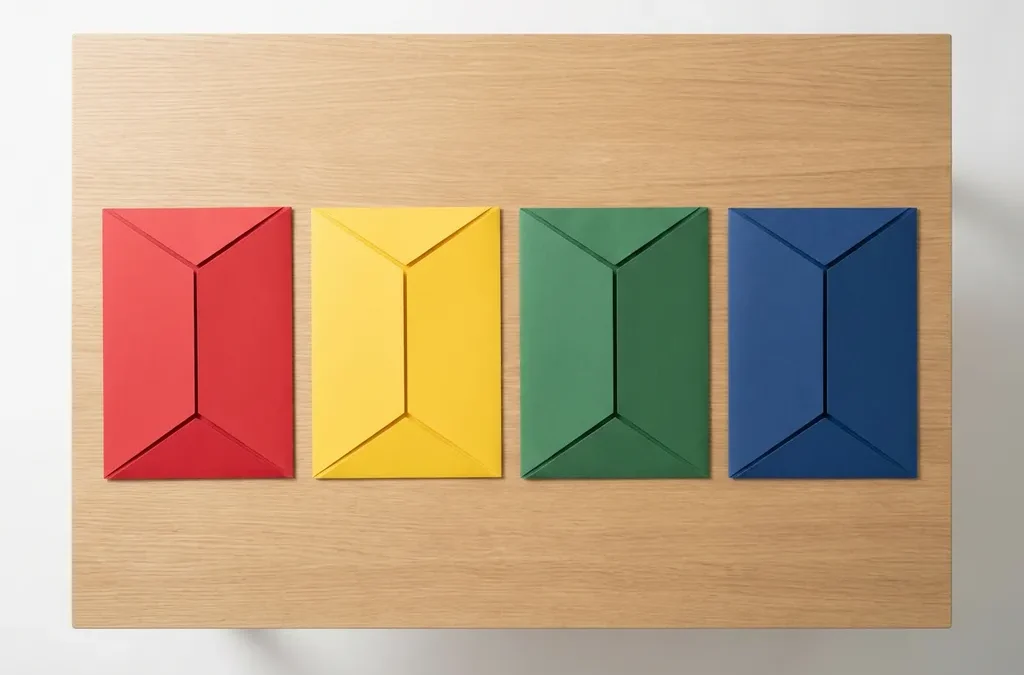 Vier geometrische DISC-beoordelingsmappen in rood, geel, groen en blauw op een houten bureau vanuit vogelperspectief