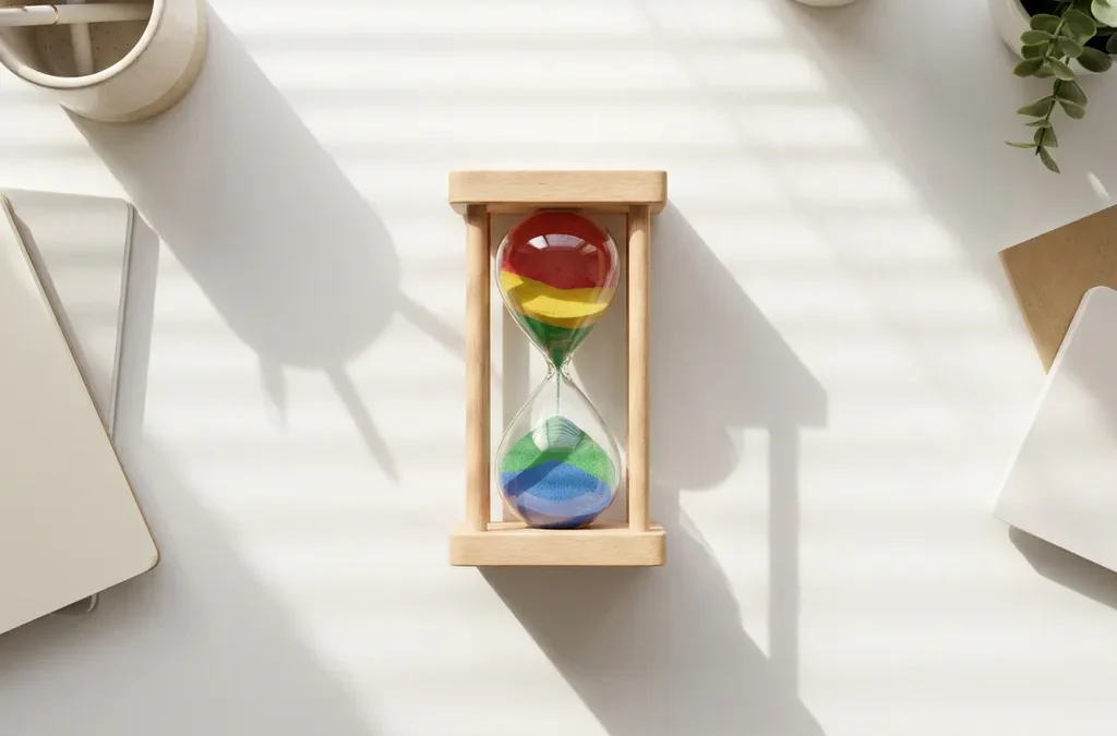 Houten zandloper met rood, geel, groen en blauw zand op wit bureau in minimalistisch kantoor