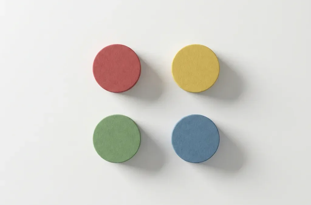 Vier gekleurde cirkels in rood, geel, groen en blauw gerangschikt in vierkante formatie op witte achtergrond, DISC persoonlijkheidstypes symboliserend