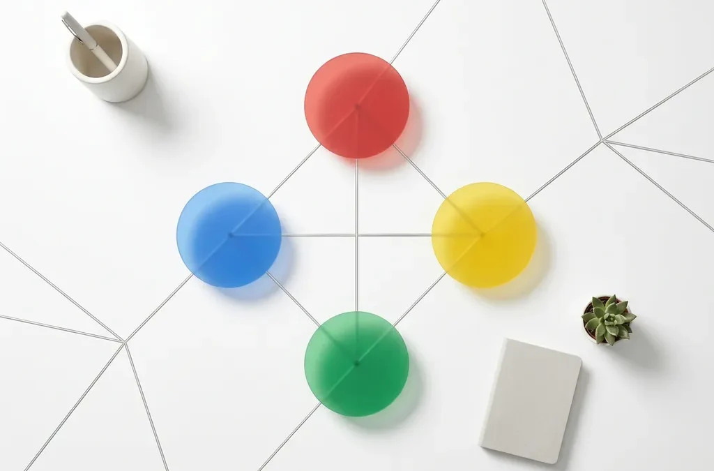 Vier gekleurde cirkels in rood, geel, groen en blauw verbonden door lijnen in diamantvormatie op witte achtergrond