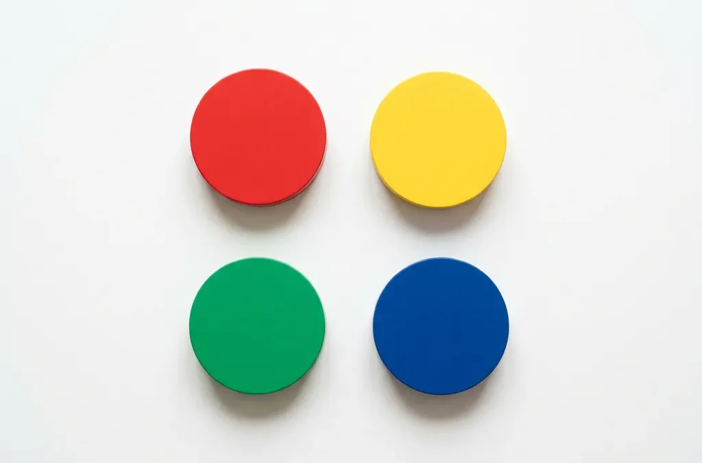 Vier geometrische cirkels in rood, geel, groen en blauw gerangschikt in vierkante formatie op witte achtergrond