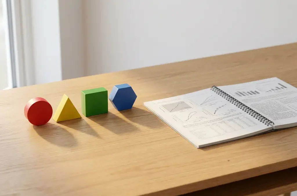 Houten bureau met vier gekleurde geometrische vormen - rode cirkel, gele driehoek, groene vierkant en blauwe zeshoek - naast open wetenschappelijk tijdschrift